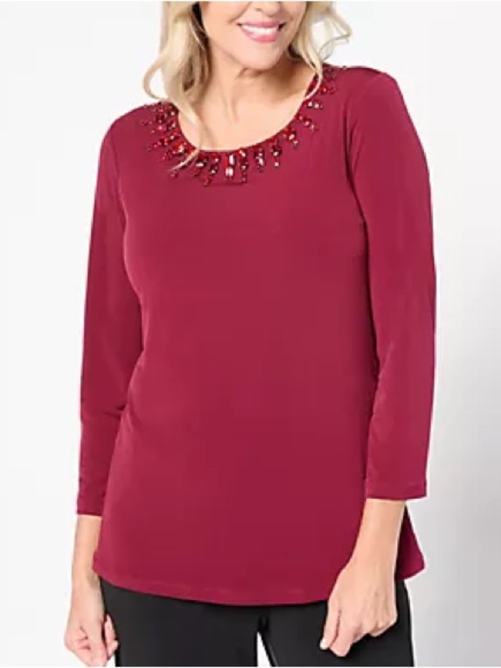 Susan Graver Artisan Sz L Evening Wine Embellished Neck Top With 3/4 Sleeves NWT